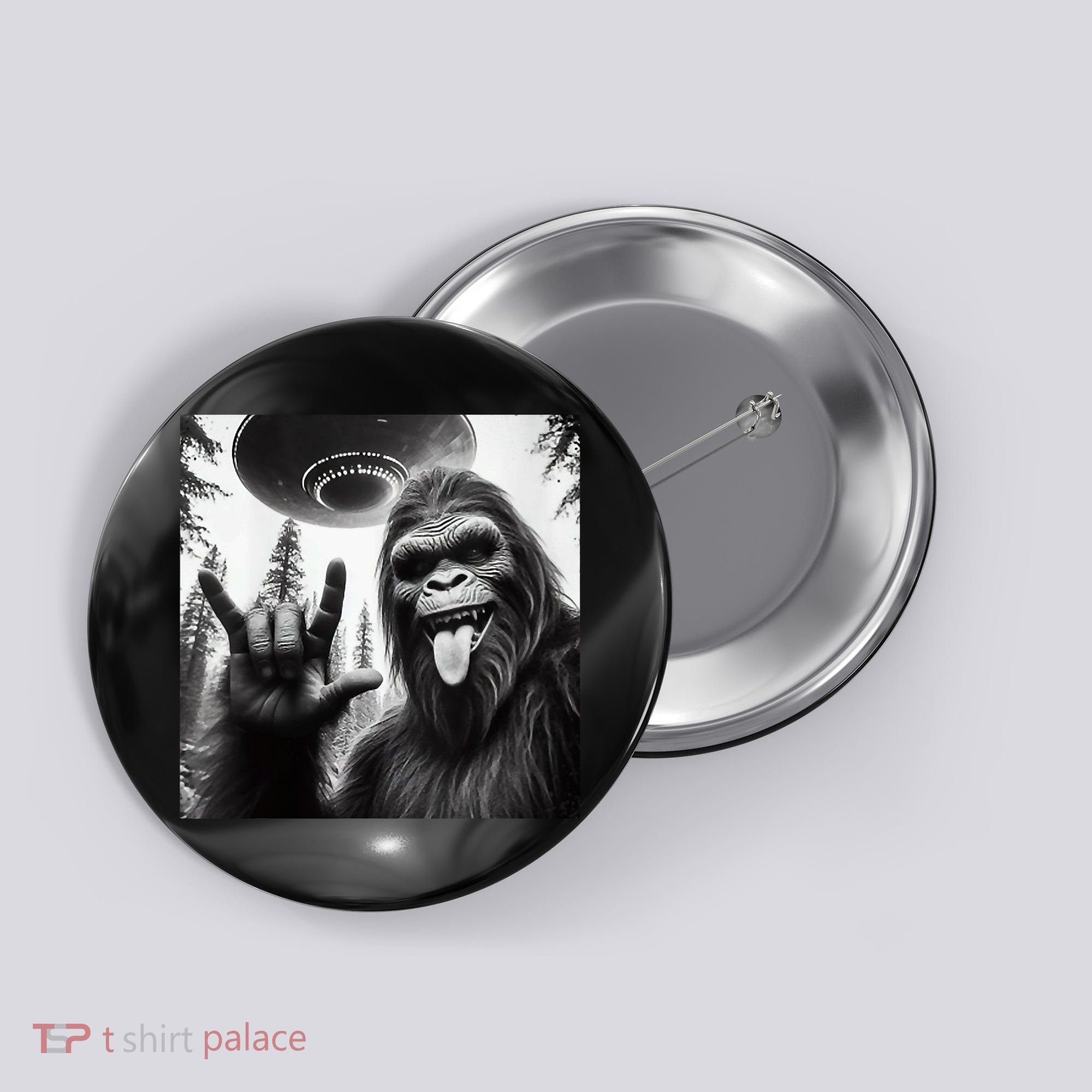 Funny Sasquatch Bigfoot Rock On Selfie With Ufo Alien Button