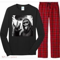 Funny Sasquatch Bigfoot Rock On Selfie With Ufo Alien Long Sleeve Pajama Set thumb 0