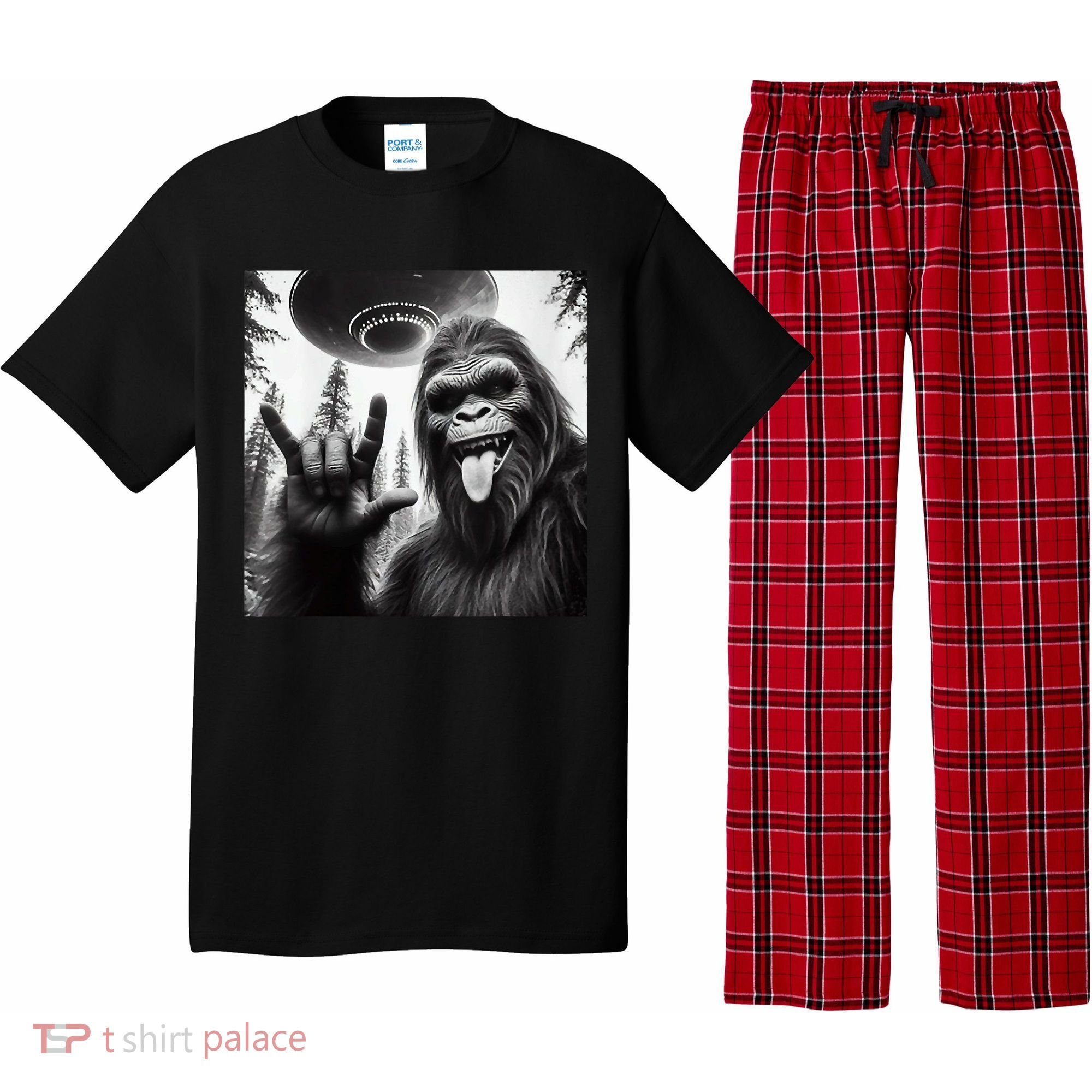 Funny Sasquatch Bigfoot Rock On Selfie With Ufo Alien Pajama Set