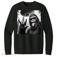 Funny Sasquatch Bigfoot Rock On Selfie With Ufo Alien V.I.T. Fleece Crew Sweatshirt thumb 0