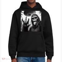 Funny Sasquatch Bigfoot Rock On Selfie With Ufo Alien District V.I.T. Heavyweight Hoodie thumb 0