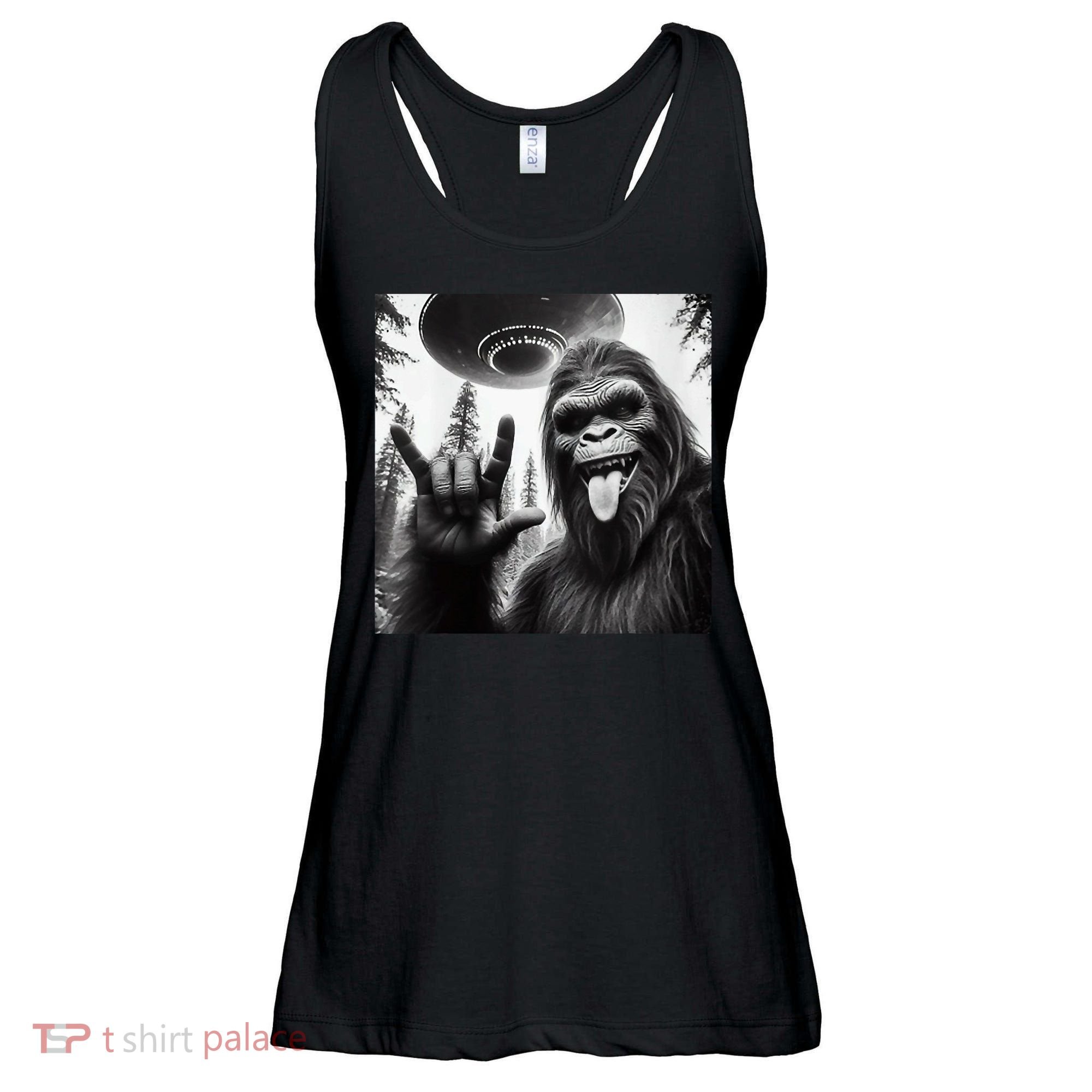 Funny Sasquatch Bigfoot Rock On Selfie With Ufo Alien Ladies Essential Flowy Tank