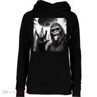 Funny Sasquatch Bigfoot Rock On Selfie With Ufo Alien Womens Funnel Neck Pullover Hood thumb 0