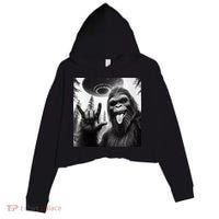 Funny Sasquatch Bigfoot Rock On Selfie With Ufo Alien Crop Fleece Hoodie thumb 0