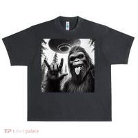 Funny Sasquatch Bigfoot Rock On Selfie With Ufo Alien Urban Oversized Heavyweight T-Shirt thumb 0