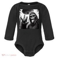 Funny Sasquatch Bigfoot Rock On Selfie With Ufo Alien Baby Long Sleeve Bodysuit thumb 0