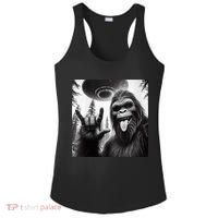 Funny Sasquatch Bigfoot Rock On Selfie With Ufo Alien Ladies PosiCharge Competitor Racerback Tank thumb 0