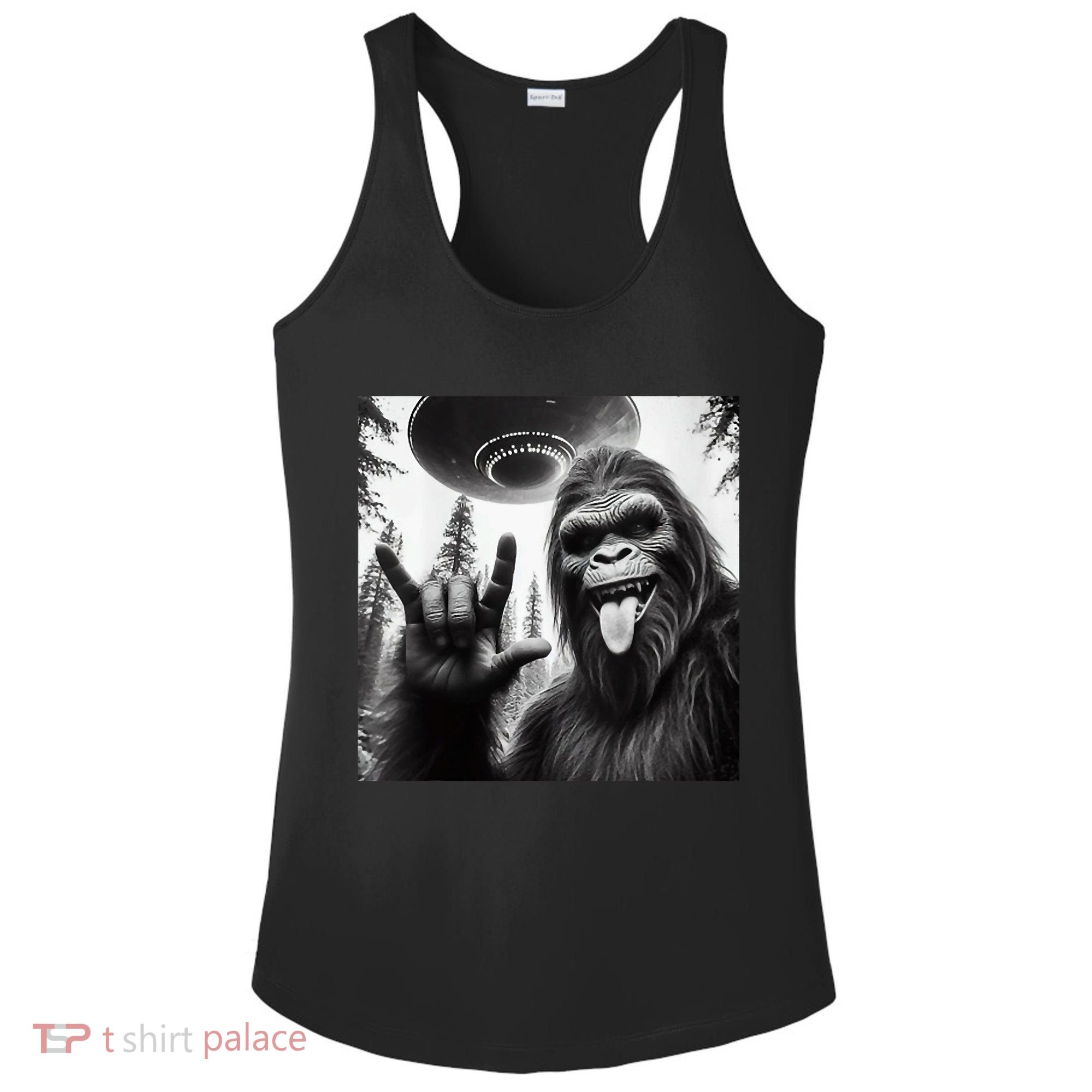 Funny Sasquatch Bigfoot Rock On Selfie With Ufo Alien Ladies PosiCharge Competitor Racerback Tank