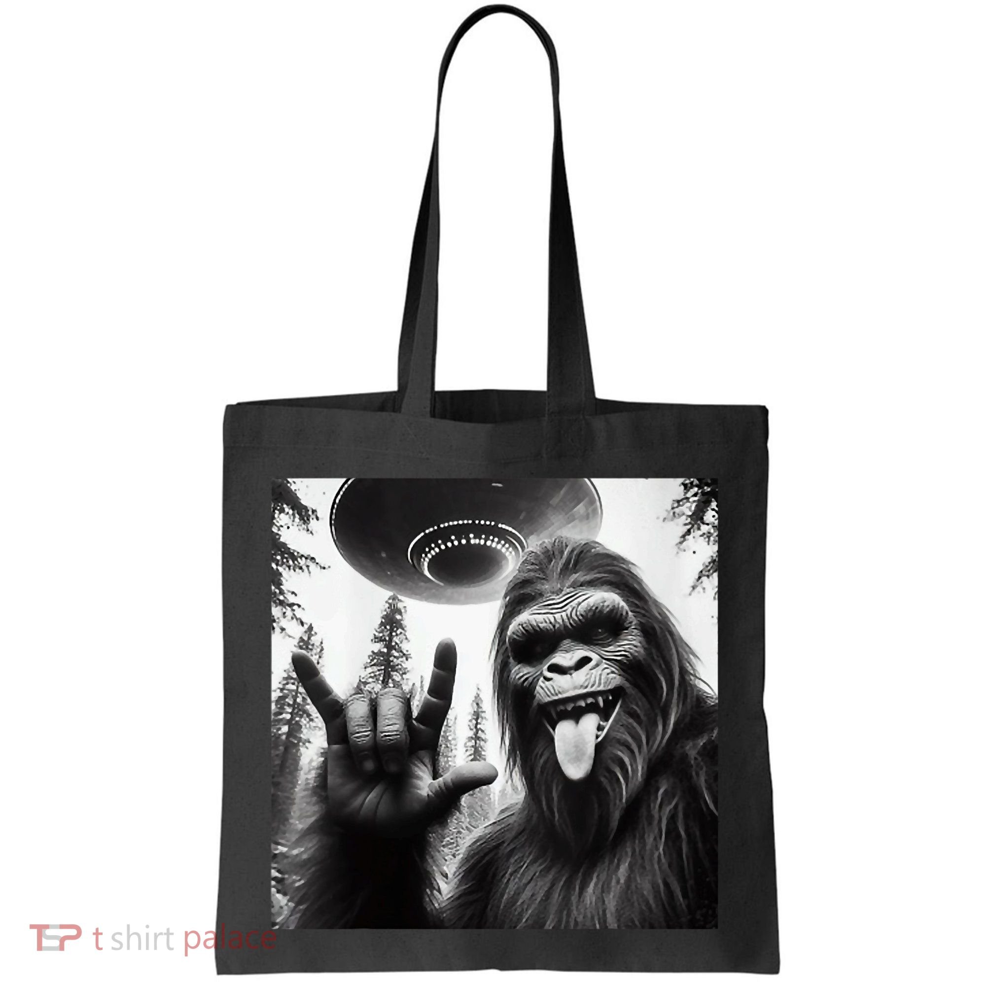 Funny Sasquatch Bigfoot Rock On Selfie With Ufo Alien Tote Bag
