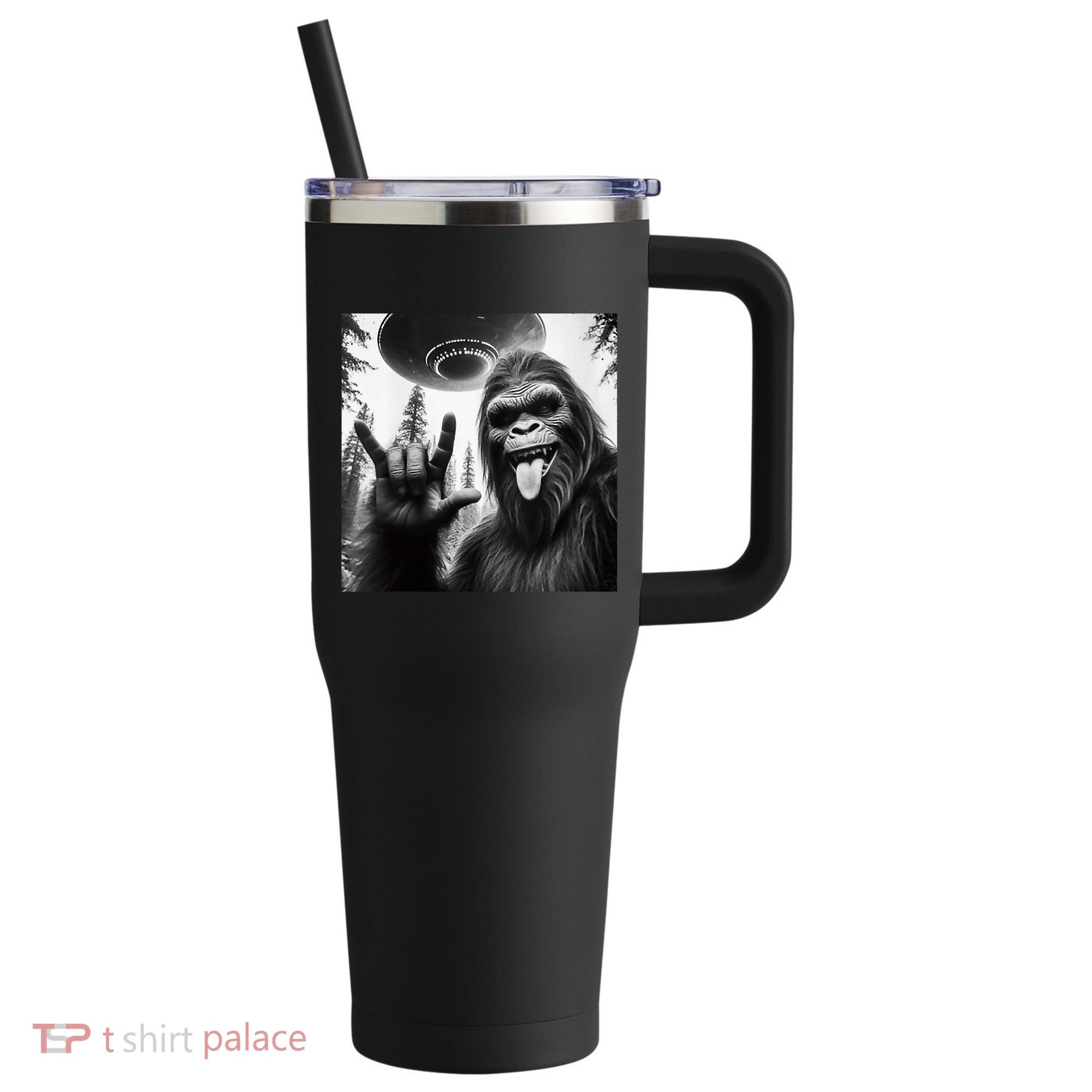 Funny Sasquatch Bigfoot Rock On Selfie With Ufo Alien 40oz Vacuum Insulated Stainless Steel Travel Tumbler