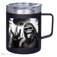 Funny Sasquatch Bigfoot Rock On Selfie With Ufo Alien 12oz Stainless Steel Coffee Mug thumb 0