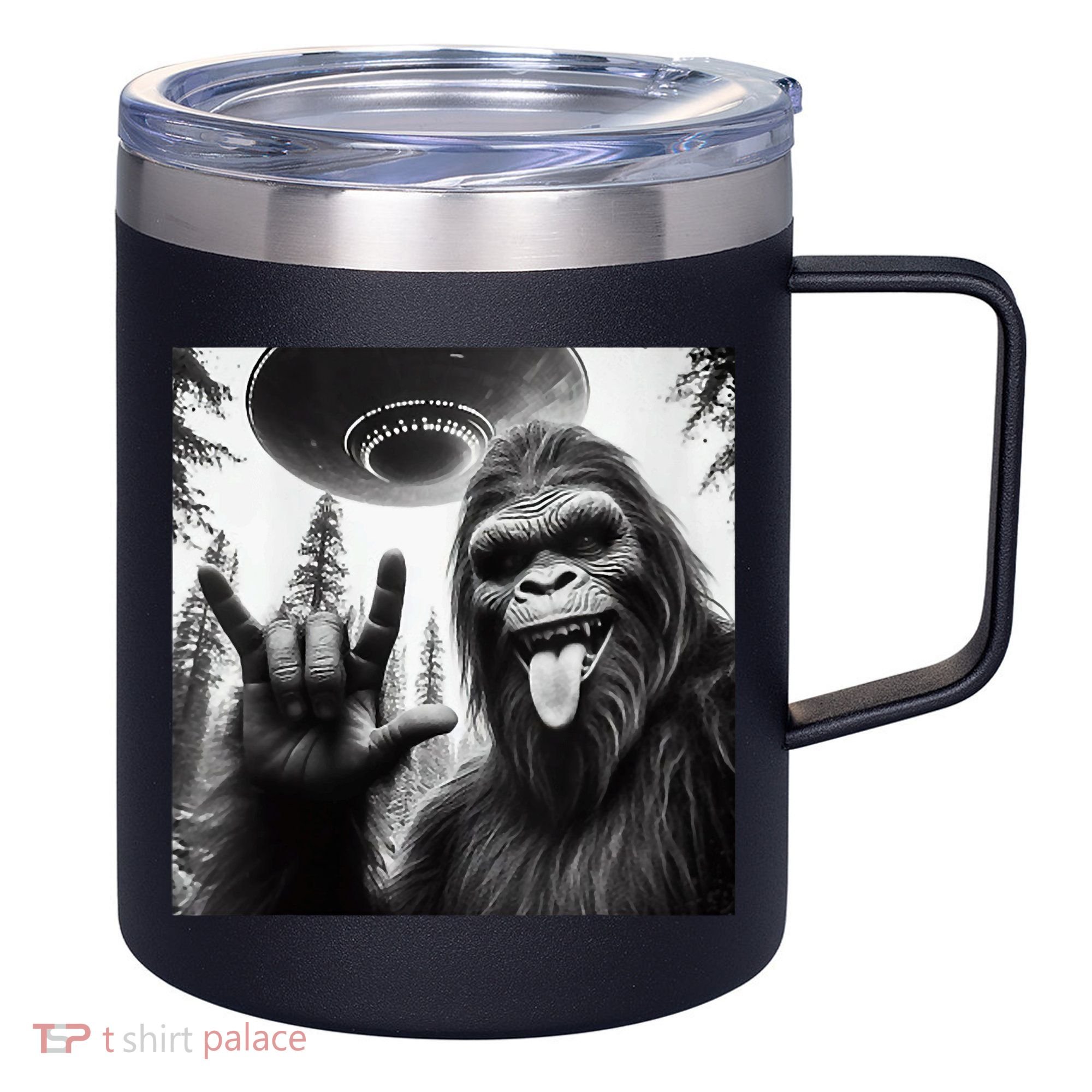Funny Sasquatch Bigfoot Rock On Selfie With Ufo Alien 12oz Stainless Steel Coffee Mug