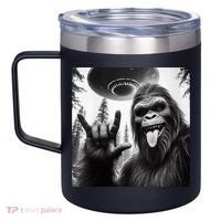 Funny Sasquatch Bigfoot Rock On Selfie With Ufo Alien 12oz Stainless Steel Coffee Mug thumb 2