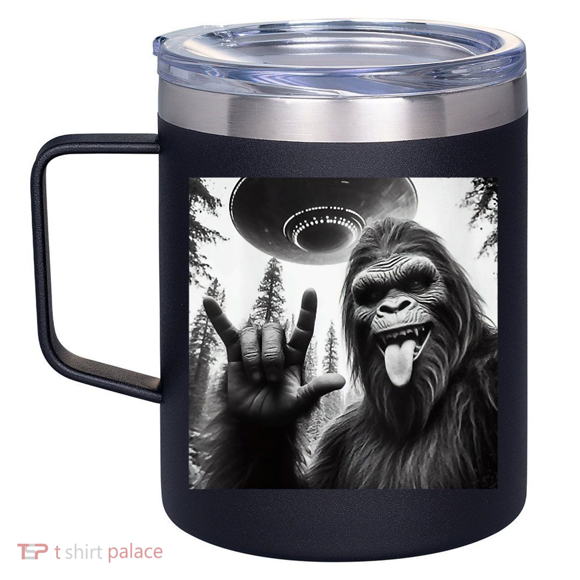 Funny Sasquatch Bigfoot Rock On Selfie With Ufo Alien 12oz Stainless Steel Coffee Mug