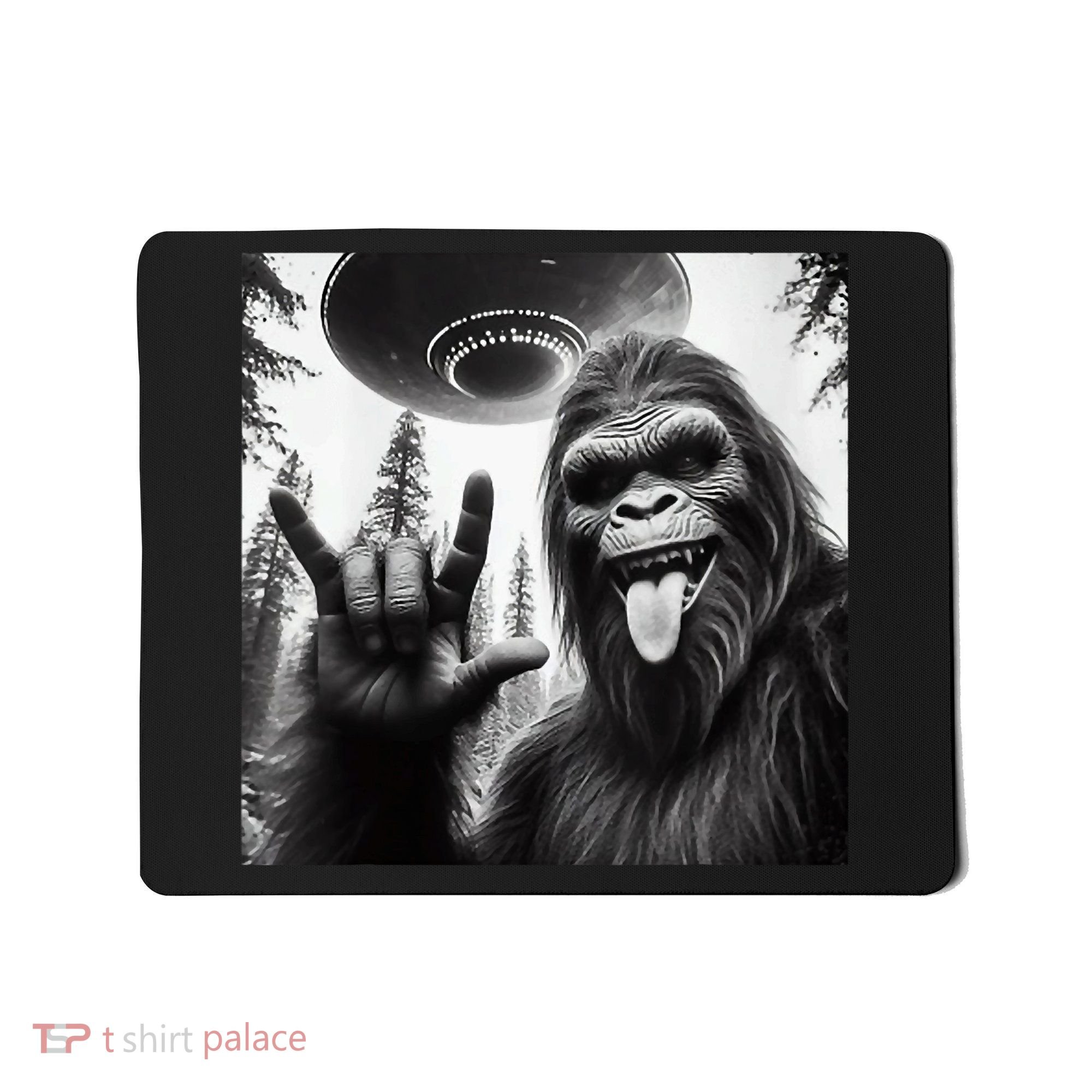 Funny Sasquatch Bigfoot Rock On Selfie With Ufo Alien Mousepad
