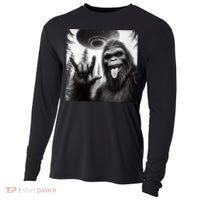 Funny Sasquatch Bigfoot Rock On Selfie With Ufo Alien Cooling Performance Long Sleeve Crew thumb 0