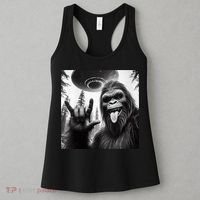 Funny Sasquatch Bigfoot Rock On Selfie With Ufo Alien Women's Tank Top thumb 3