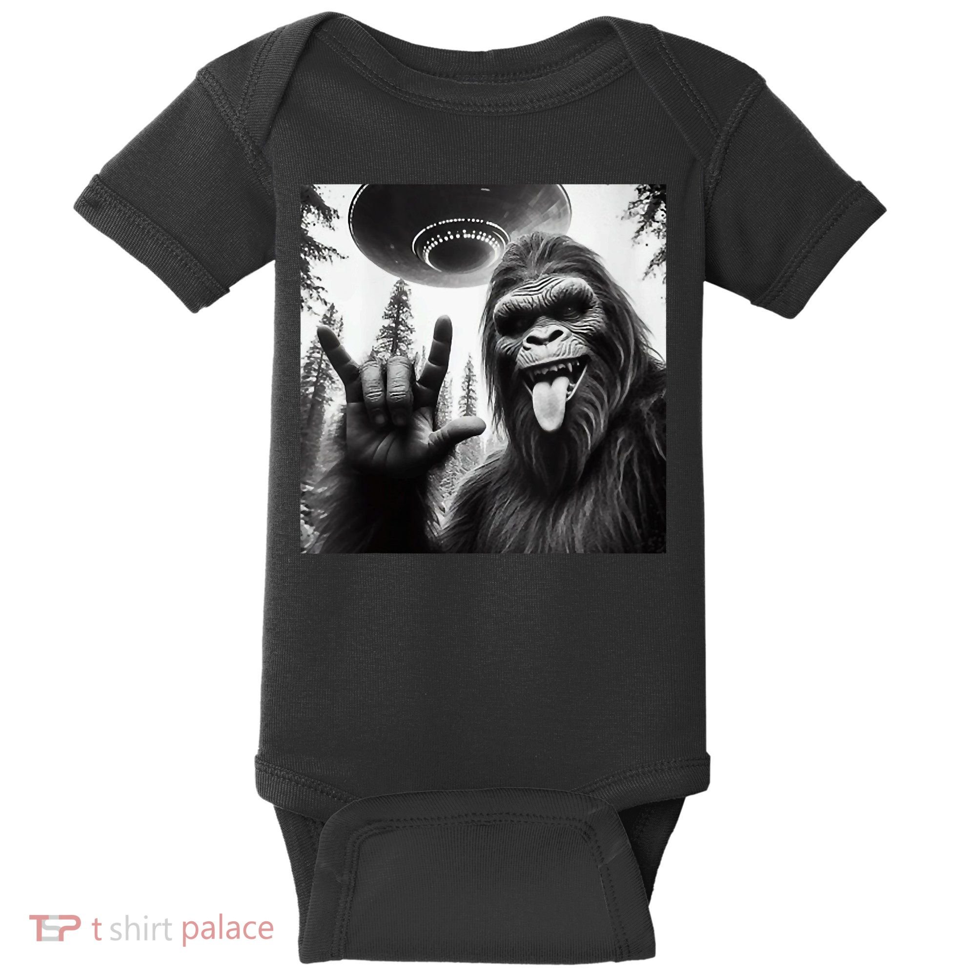 Funny Sasquatch Bigfoot Rock On Selfie With Ufo Alien Baby Bodysuit