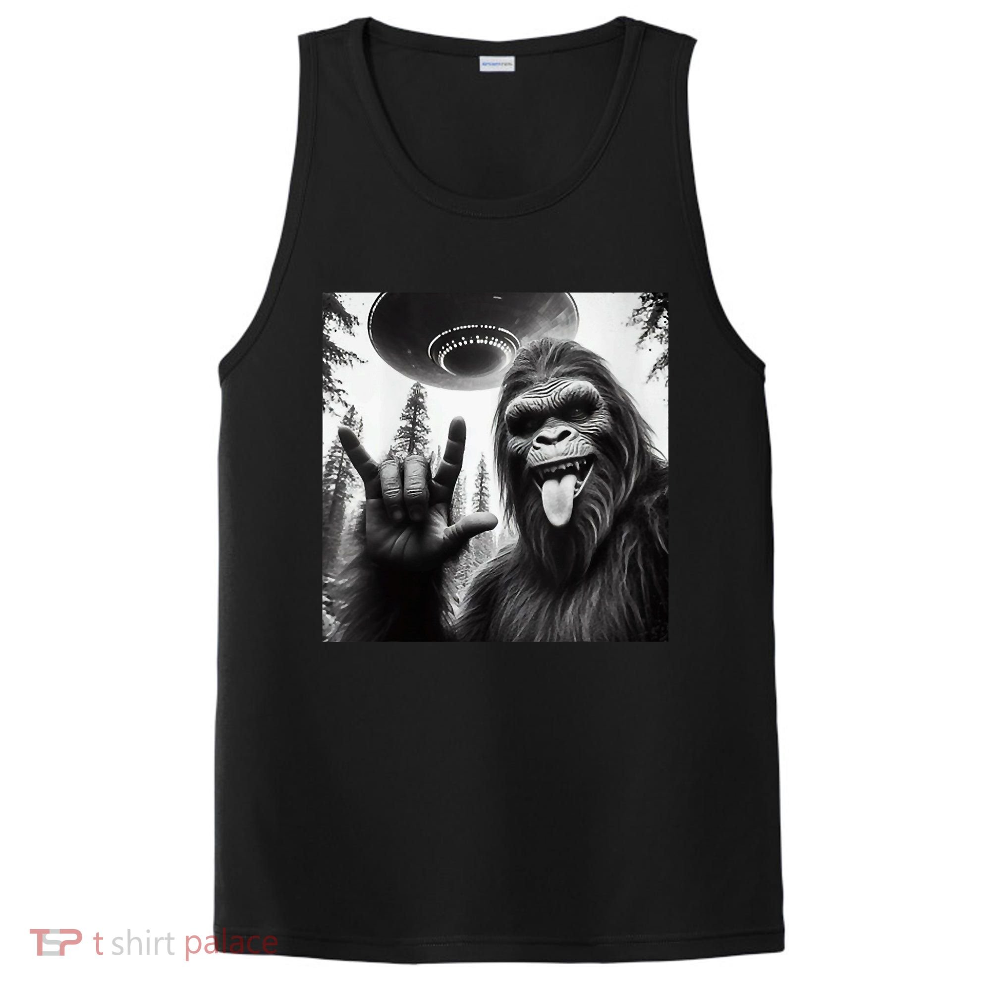 Funny Sasquatch Bigfoot Rock On Selfie With Ufo Alien PosiCharge Competitor Tank
