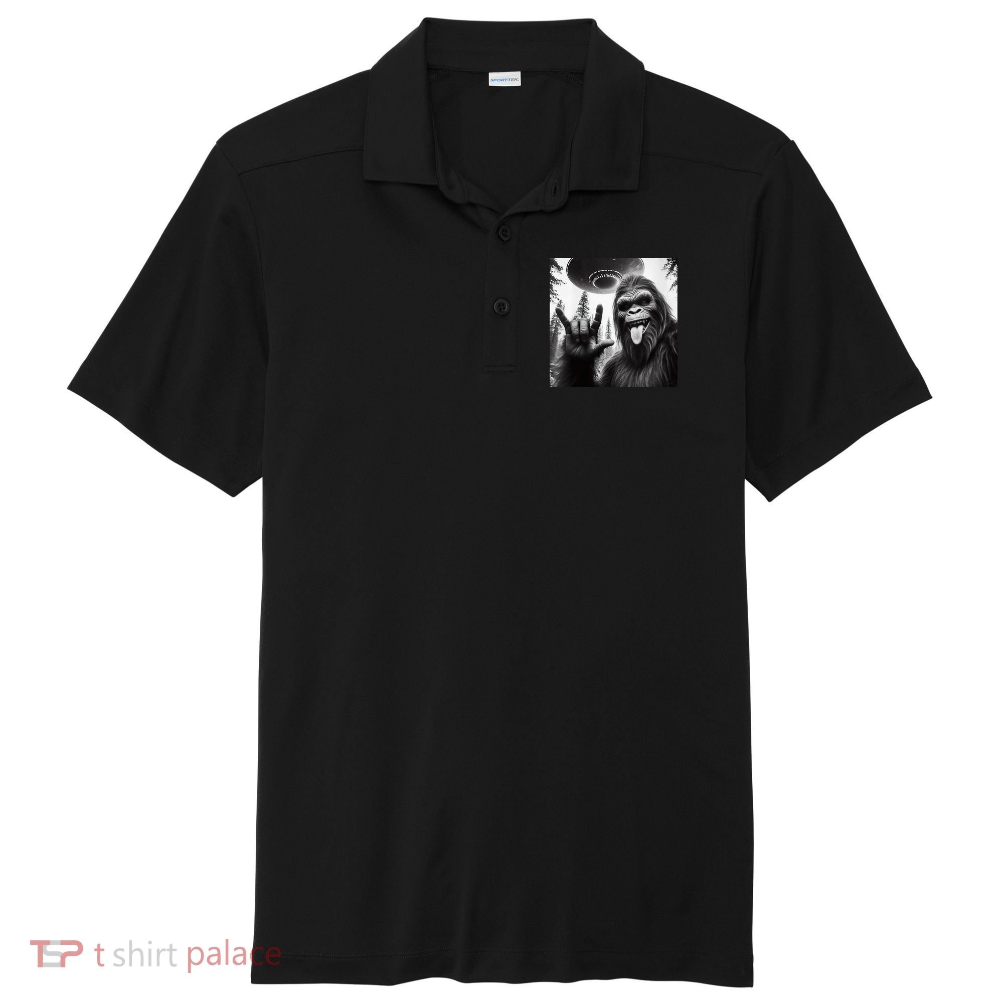 Funny Sasquatch Bigfoot Rock On Selfie With Ufo Alien Sport-Tek Posi-UV Pro Polo
