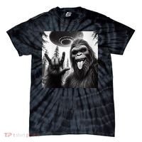 Funny Sasquatch Bigfoot Rock On Selfie With Ufo Alien Tie-Dye T-Shirt thumb 0