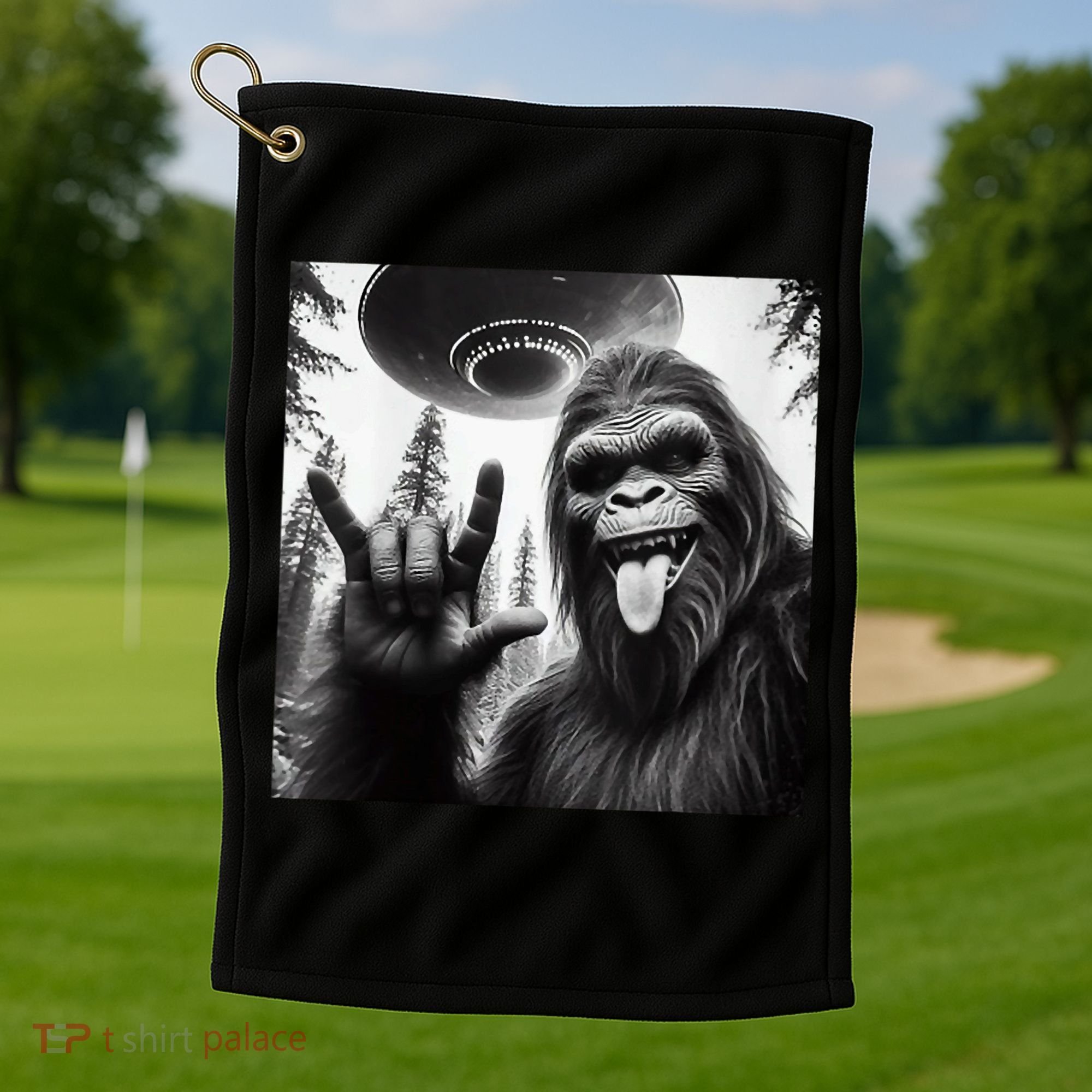 Funny Sasquatch Bigfoot Rock On Selfie With Ufo Alien Golf Towel