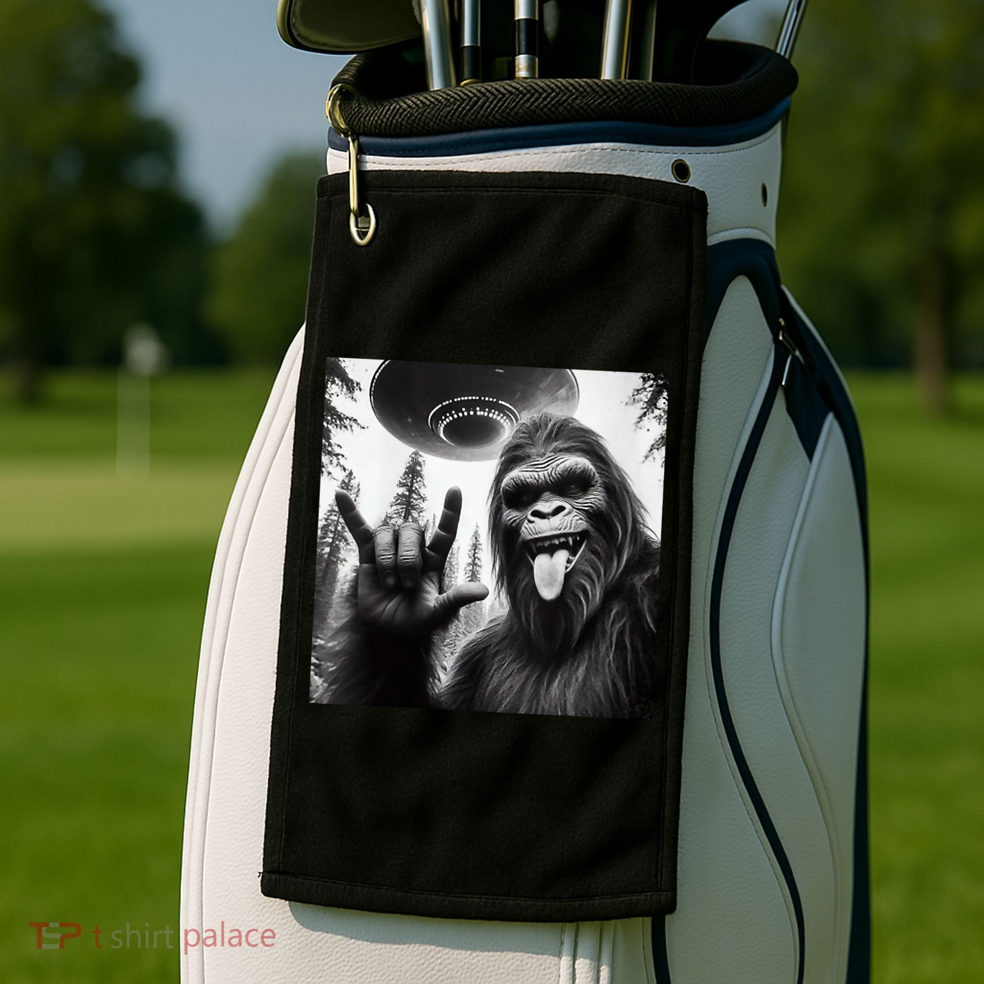 Funny Sasquatch Bigfoot Rock On Selfie With Ufo Alien Golf Towel