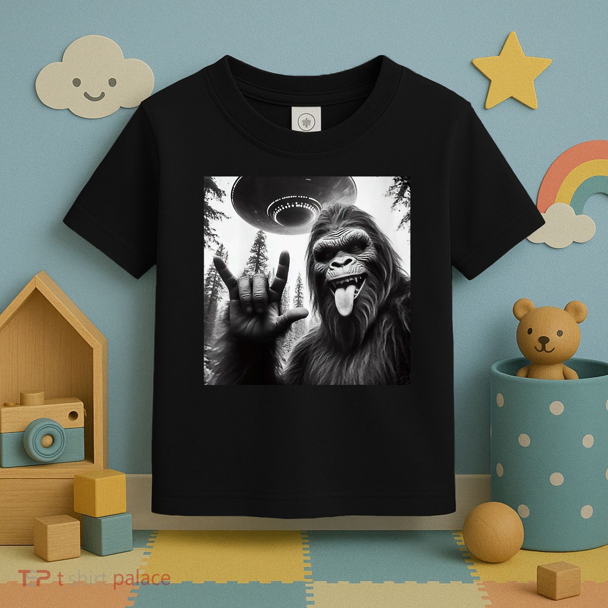 Funny Sasquatch Bigfoot Rock On Selfie With Ufo Alien Toddler T-Shirt