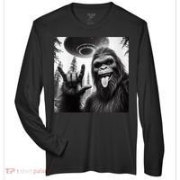 Funny Sasquatch Bigfoot Rock On Selfie With Ufo Alien Zone Performance Long-Sleeve T-Shirt thumb 0