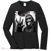 Funny Sasquatch Bigfoot Rock On Selfie With Ufo Alien Women's Long Sleeve Shirt thumb 0