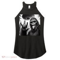 Funny Sasquatch Bigfoot Rock On Selfie With Ufo Alien Women's Perfect Tri Rocker Tank thumb 0