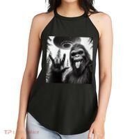 Funny Sasquatch Bigfoot Rock On Selfie With Ufo Alien Women's Perfect Tri Rocker Tank thumb 2