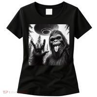 Funny Sasquatch Bigfoot Rock On Selfie With Ufo Alien Women's T-Shirt thumb 0