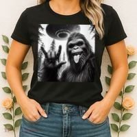 Funny Sasquatch Bigfoot Rock On Selfie With Ufo Alien Women's T-Shirt thumb 2