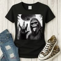Funny Sasquatch Bigfoot Rock On Selfie With Ufo Alien Women's T-Shirt thumb 3