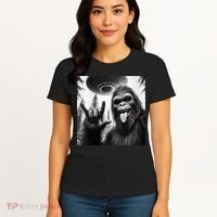 Funny Sasquatch Bigfoot Rock On Selfie With Ufo Alien Women's T-Shirt thumb 4