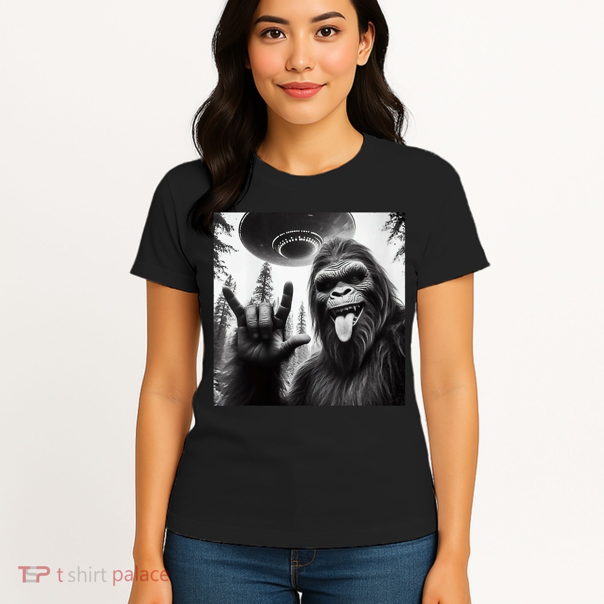 Funny Sasquatch Bigfoot Rock On Selfie With Ufo Alien Women's T-Shirt