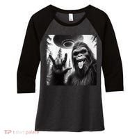 Funny Sasquatch Bigfoot Rock On Selfie With Ufo Alien Women's Tri-Blend 3/4-Sleeve Raglan Shirt thumb 0