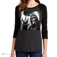 Funny Sasquatch Bigfoot Rock On Selfie With Ufo Alien Women's Tri-Blend 3/4-Sleeve Raglan Shirt thumb 2