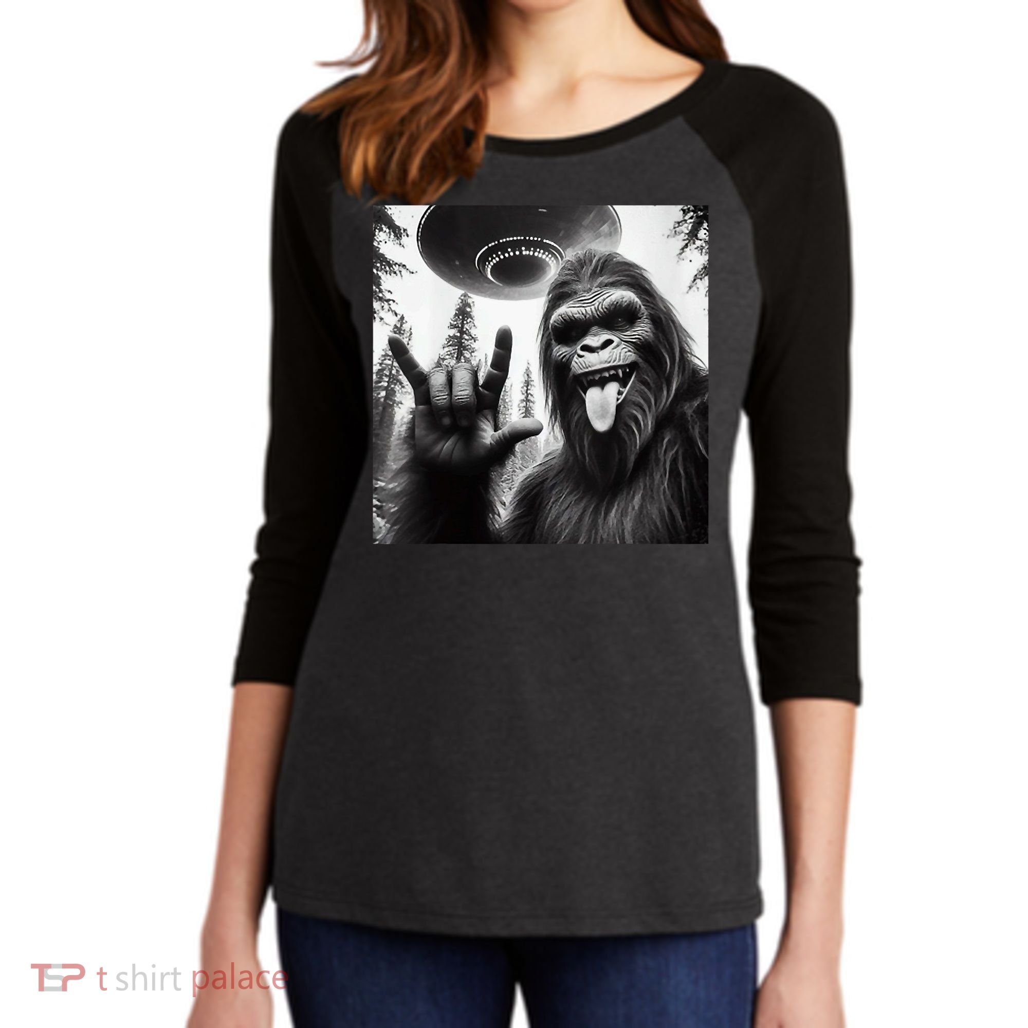 Funny Sasquatch Bigfoot Rock On Selfie With Ufo Alien Women's Tri-Blend 3/4-Sleeve Raglan Shirt