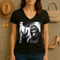 Funny Sasquatch Bigfoot Rock On Selfie With Ufo Alien Women's V-Neck T-Shirt thumb 3