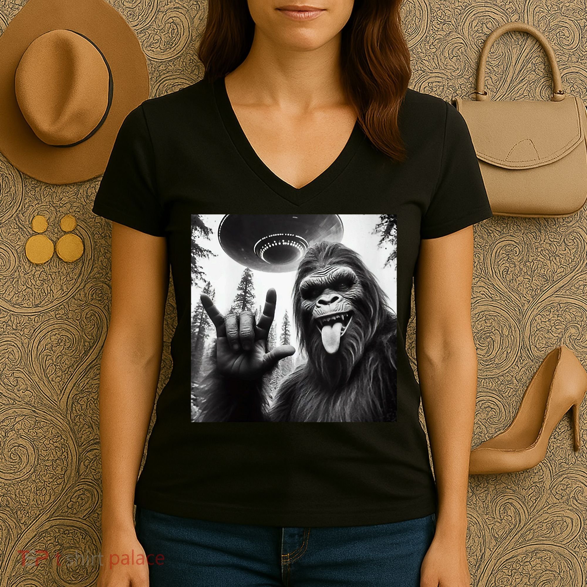 Funny Sasquatch Bigfoot Rock On Selfie With Ufo Alien Women's V-Neck T-Shirt