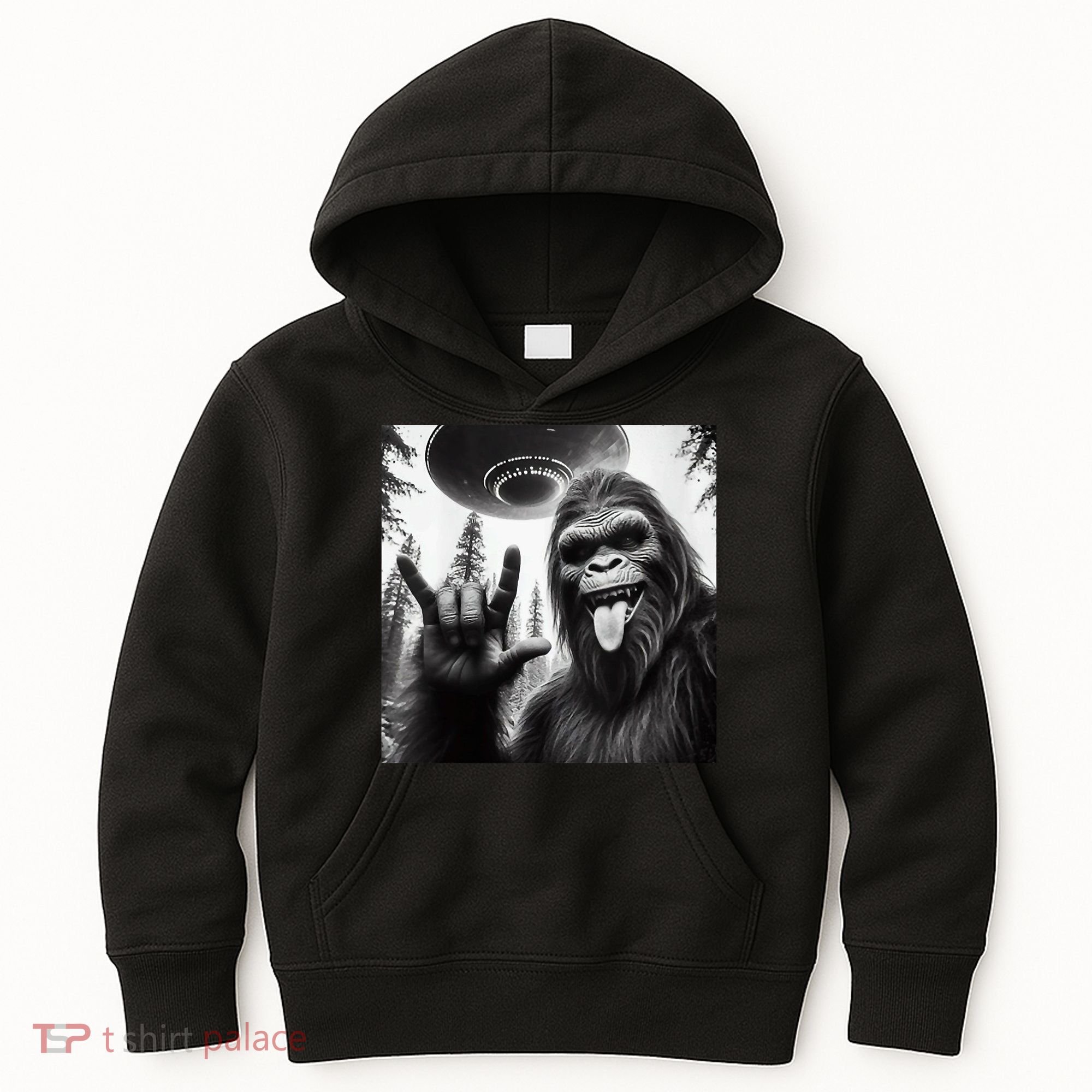 Funny Sasquatch Bigfoot Rock On Selfie With Ufo Alien Kids Hoodie
