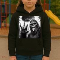 Funny Sasquatch Bigfoot Rock On Selfie With Ufo Alien Kids Hoodie thumb 3