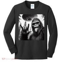 Funny Sasquatch Bigfoot Rock On Selfie With Ufo Alien Kids Long Sleeve Shirt thumb 0