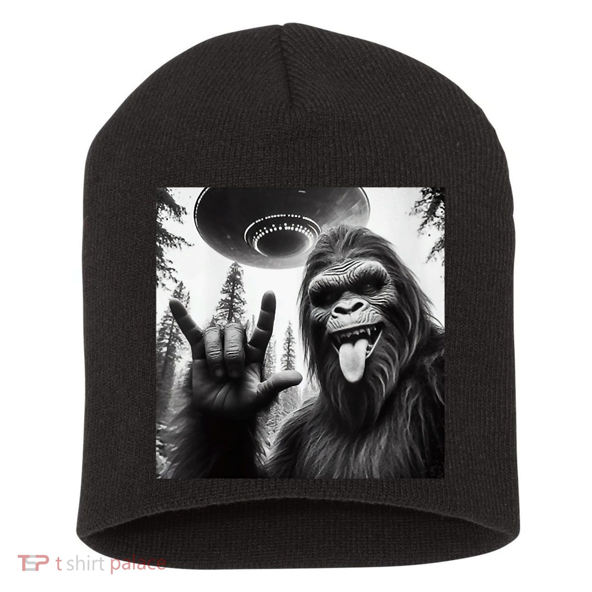 Funny Sasquatch Bigfoot Rock On Selfie With Ufo Alien Short Acrylic Beanie