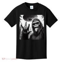 Funny Sasquatch Bigfoot Rock On Selfie With Ufo Alien Kids T-Shirt thumb 0