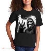 Funny Sasquatch Bigfoot Rock On Selfie With Ufo Alien Kids T-Shirt thumb 2