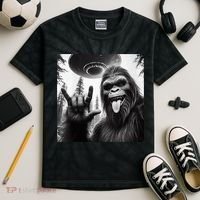 Funny Sasquatch Bigfoot Rock On Selfie With Ufo Alien Kids Tie-Dye T-Shirt thumb 2