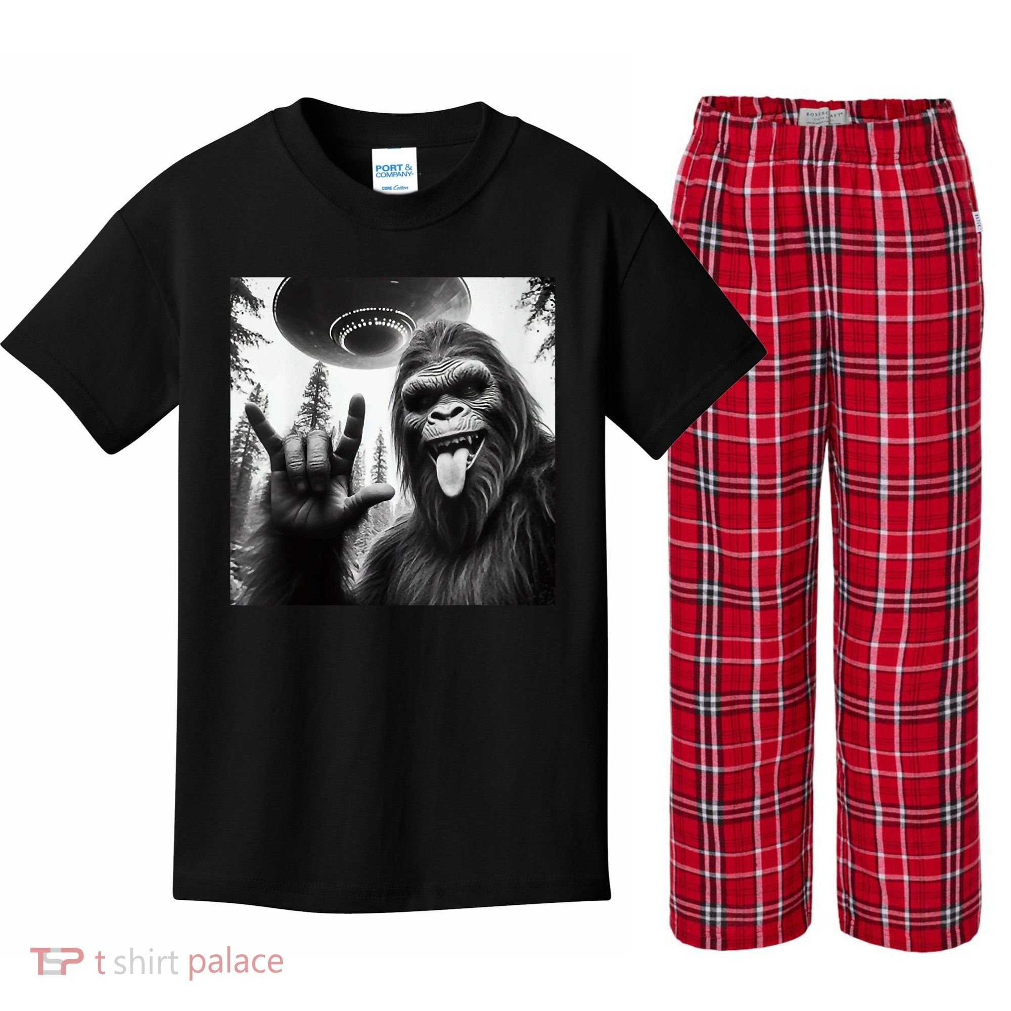 Funny Sasquatch Bigfoot Rock On Selfie With Ufo Alien Kids Plaid Pajama Set